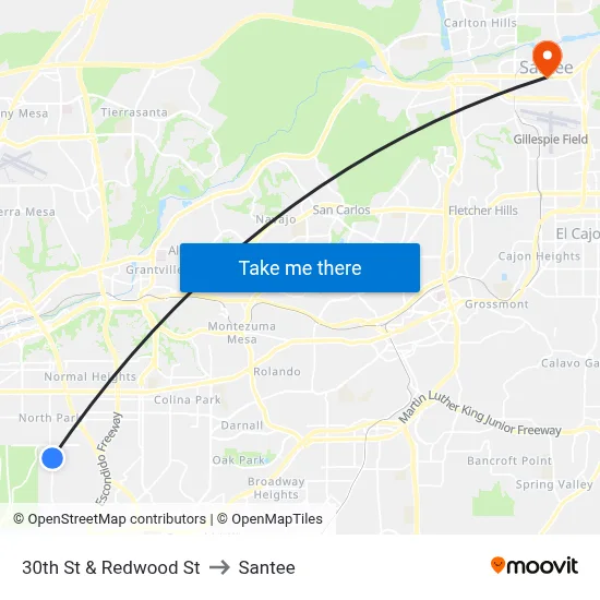 30th St & Redwood St to Santee map