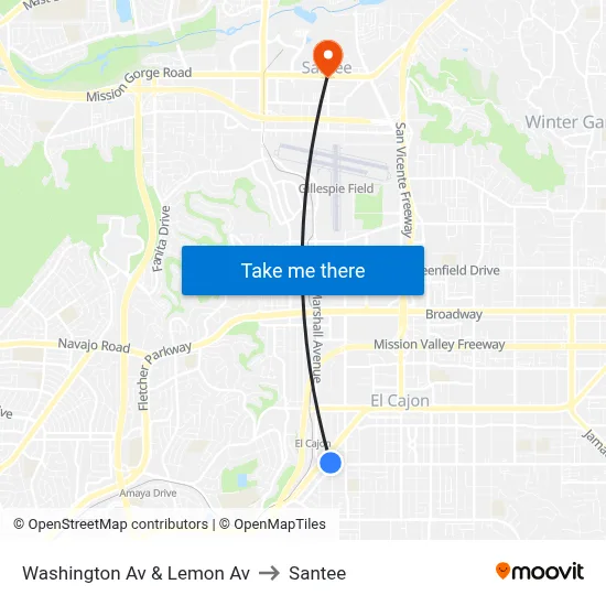 Washington Av & Lemon Av to Santee map