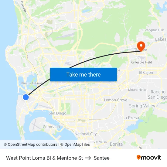 West Point Loma Bl & Mentone St to Santee map