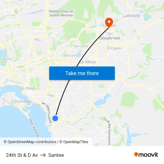 24th St & D Av to Santee map