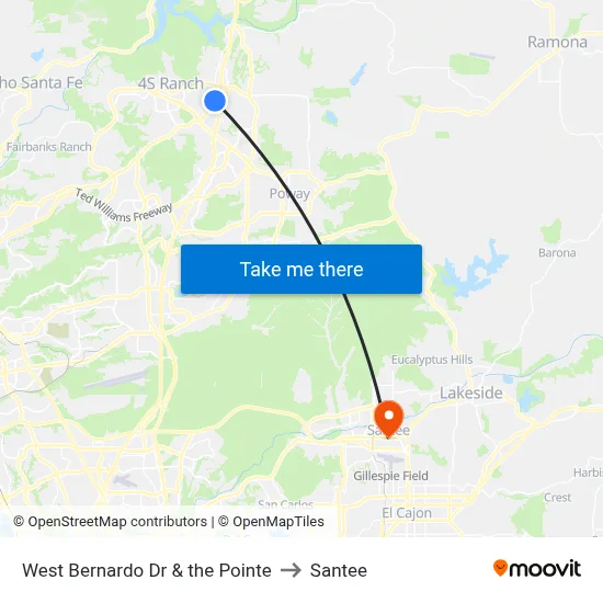 West Bernardo Dr & the Pointe to Santee map