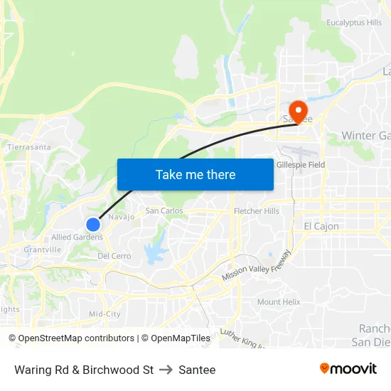 Waring Rd & Birchwood St to Santee map