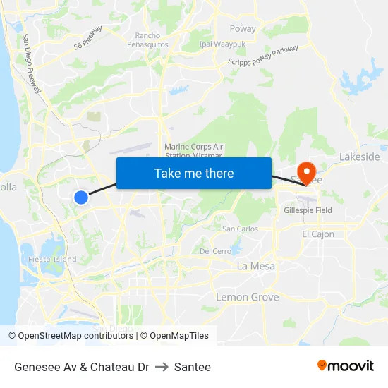 Genesee Av & Chateau Dr to Santee map