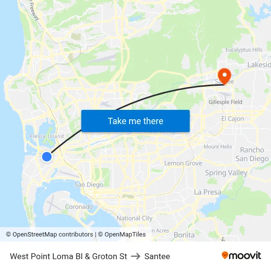 West Point Loma Bl & Groton St to Santee map