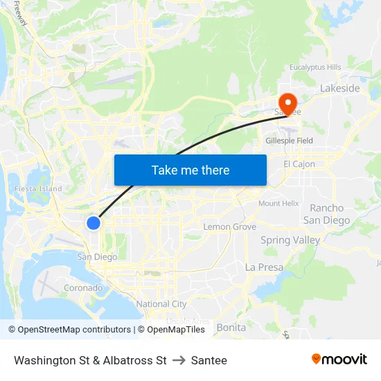 Washington St & Albatross St to Santee map