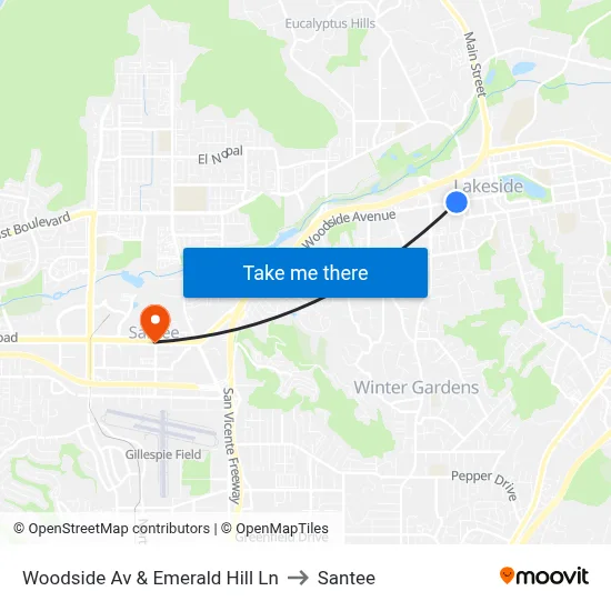 Woodside Av & Emerald Hill Ln to Santee map