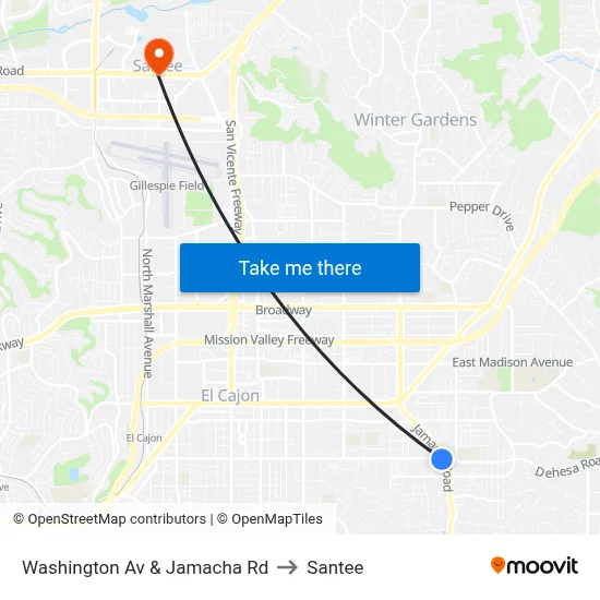 Washington Av & Jamacha Rd to Santee map