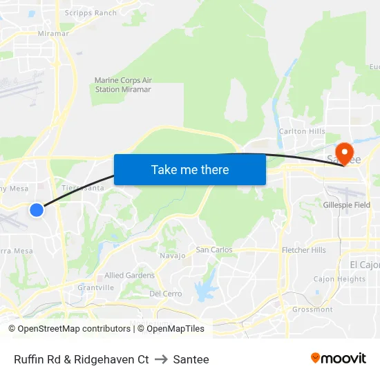 Ruffin Rd & Ridgehaven Ct to Santee map