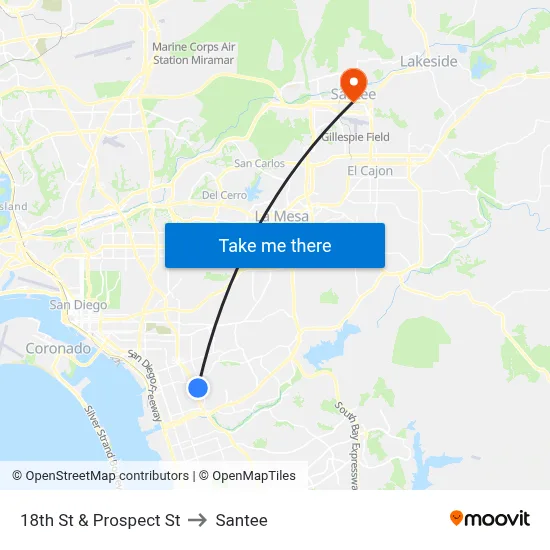 18th St & Prospect St to Santee map