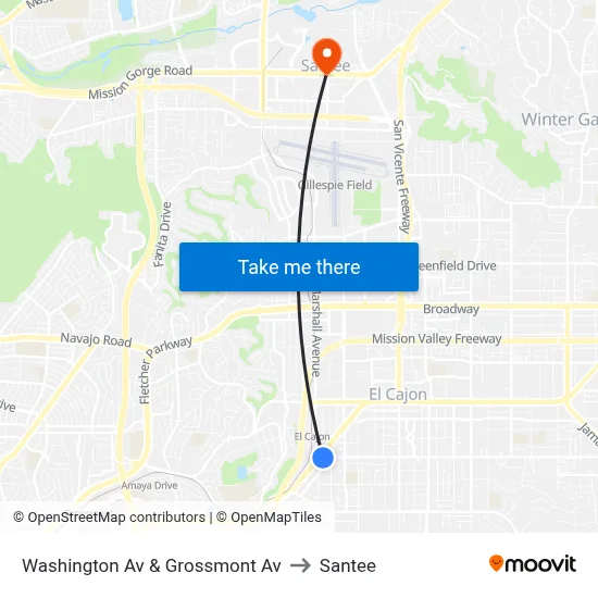 Washington Av & Grossmont Av to Santee map