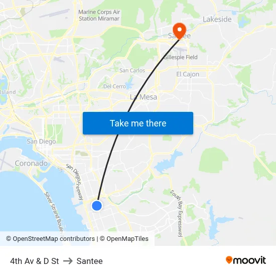 4th Av & D St to Santee map