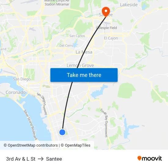3rd Av & L St to Santee map