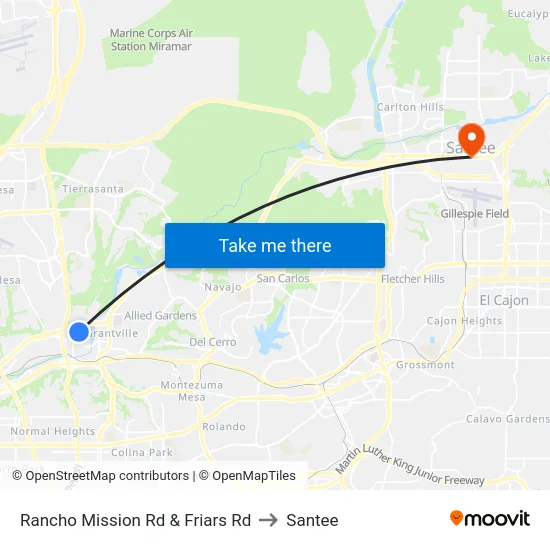 Rancho Mission Rd & Friars Rd to Santee map