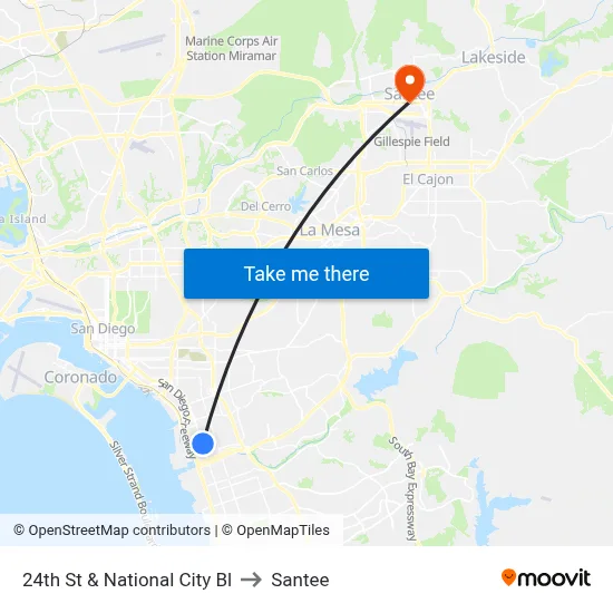 24th St & National City Bl to Santee map