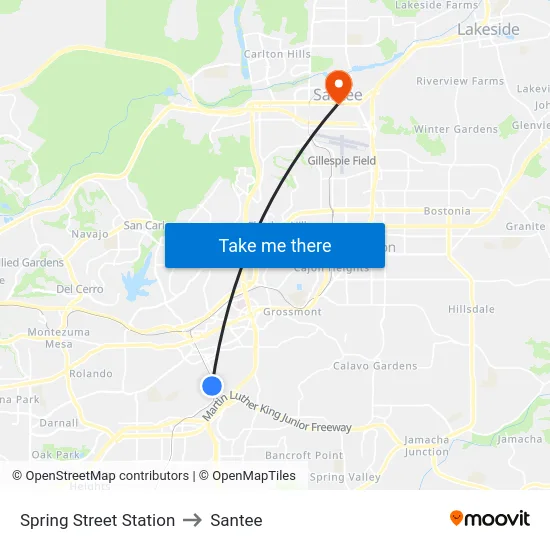 Spring Street Station to Santee map