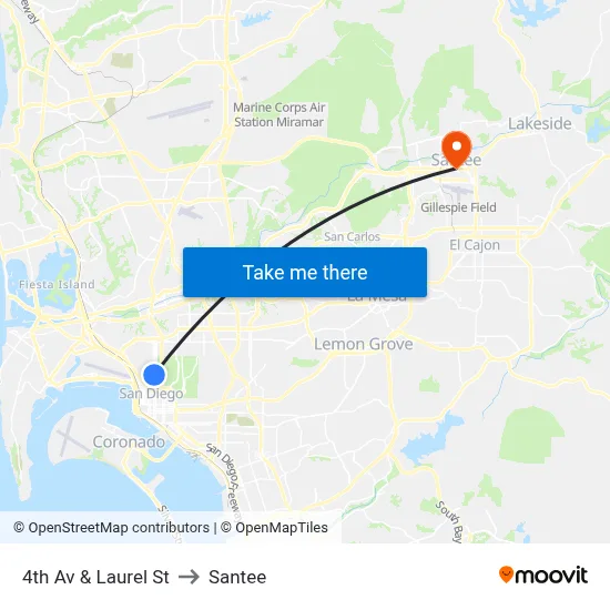 4th Av & Laurel St to Santee map