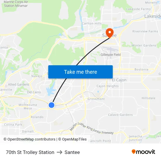 70th St Trolley Station to Santee map