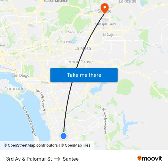 3rd Av & Palomar St to Santee map