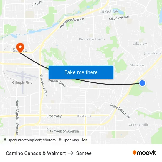 Camino Canada & Walmart to Santee map