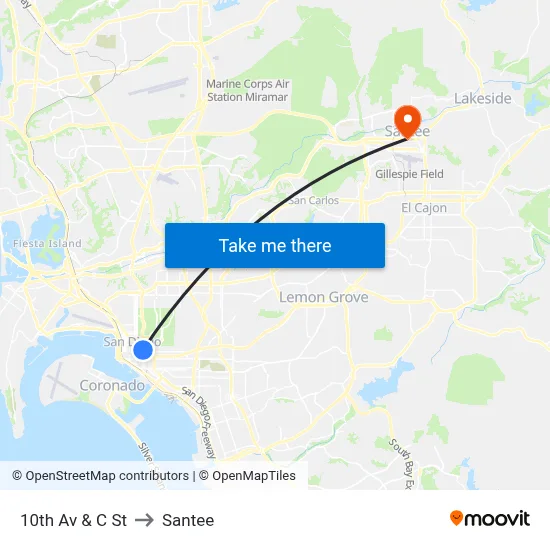 10th Av & C St to Santee map