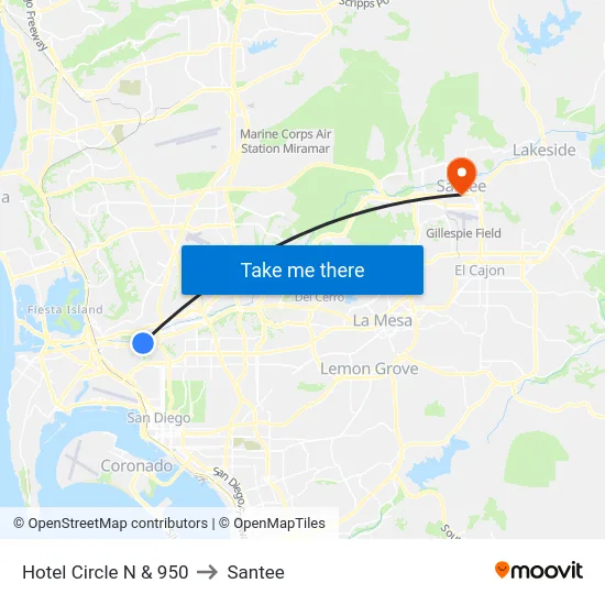 Hotel Circle N & 950 to Santee map