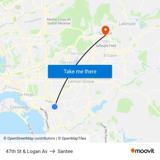 47th St & Logan Av to Santee map
