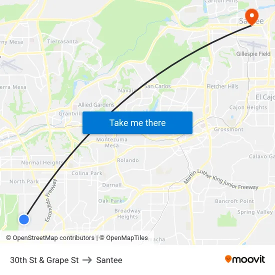30th St & Grape St to Santee map