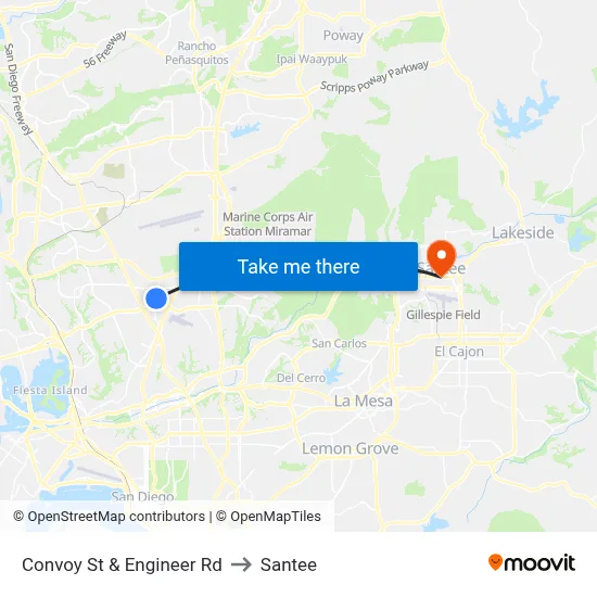 Convoy St & Engineer Rd to Santee map