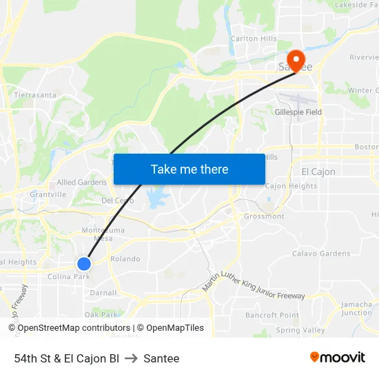 54th St & El Cajon Bl to Santee map