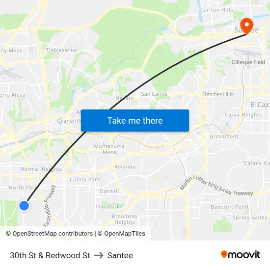 30th St & Redwood St to Santee map