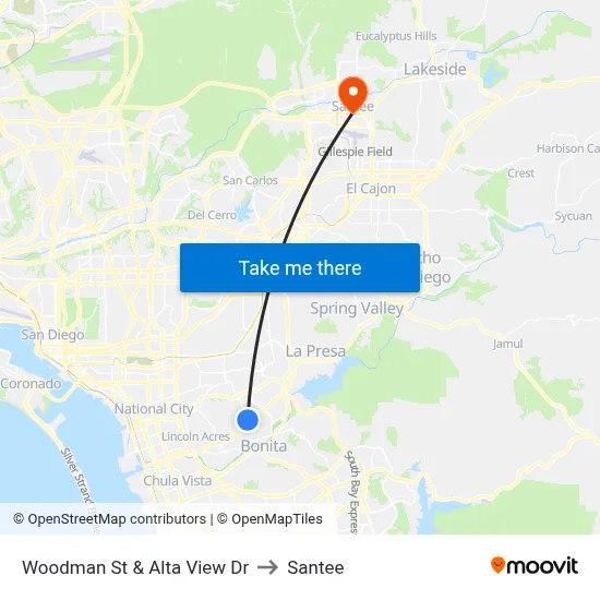 Woodman St & Alta View Dr to Santee map