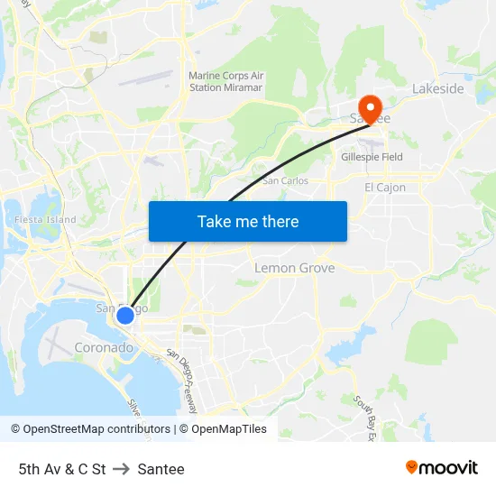 5th Av & C St to Santee map