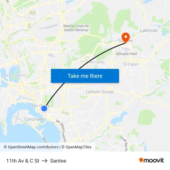 11th Av & C St to Santee map