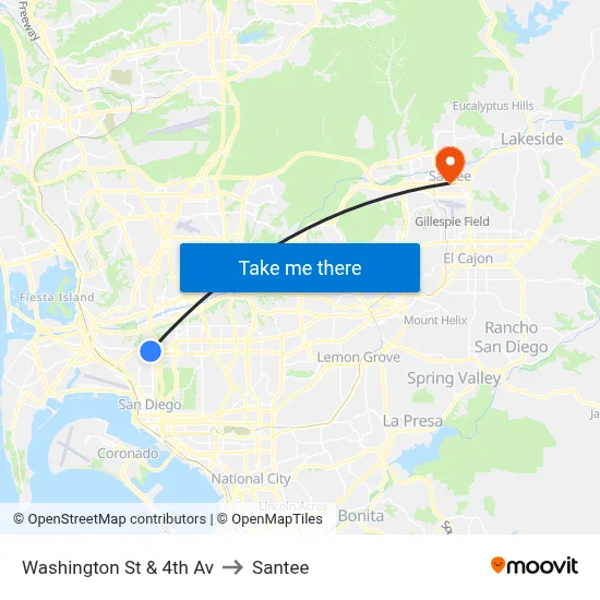 Washington St & 4th Av to Santee map