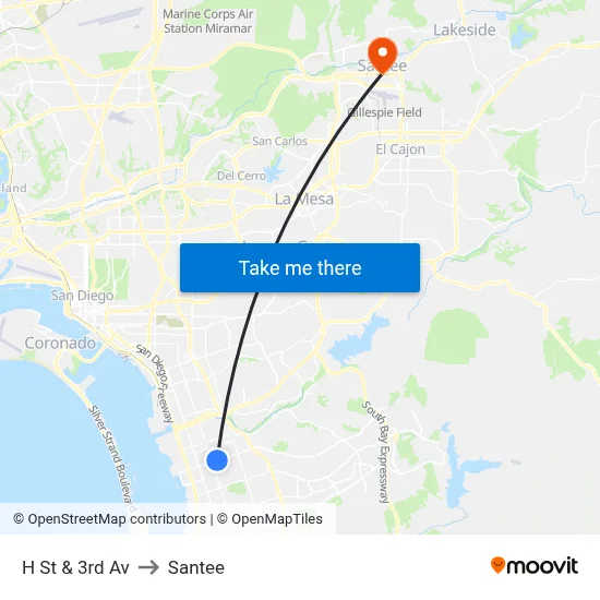 H St & 3rd Av to Santee map