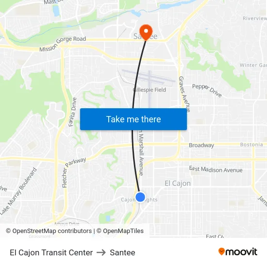 El Cajon Transit Center to Santee map