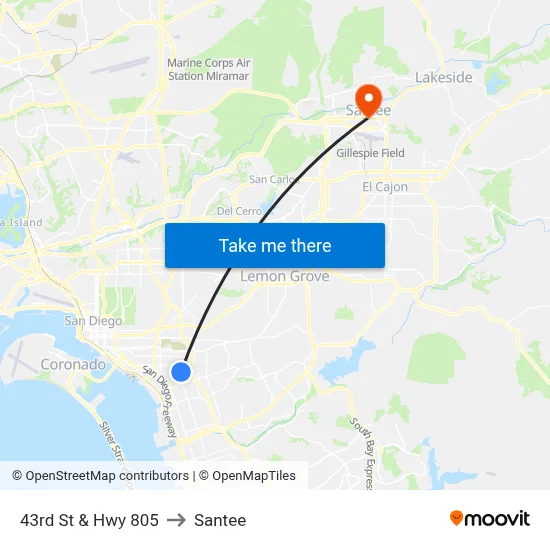 43rd St & Hwy 805 to Santee map