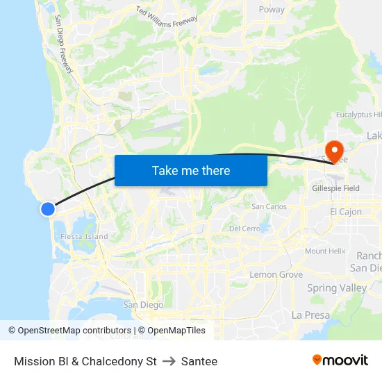 Mission Bl & Chalcedony St to Santee map