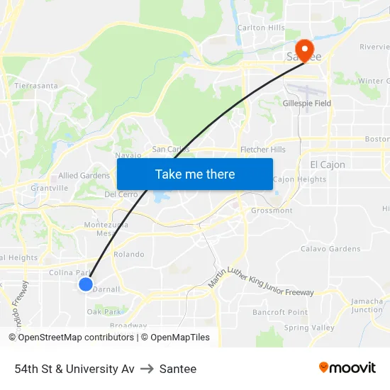 54th St & University Av to Santee map