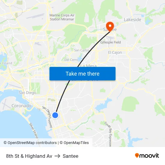 8th St & Highland Av to Santee map