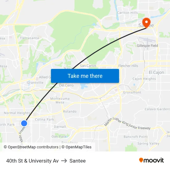 40th St & University Av to Santee map