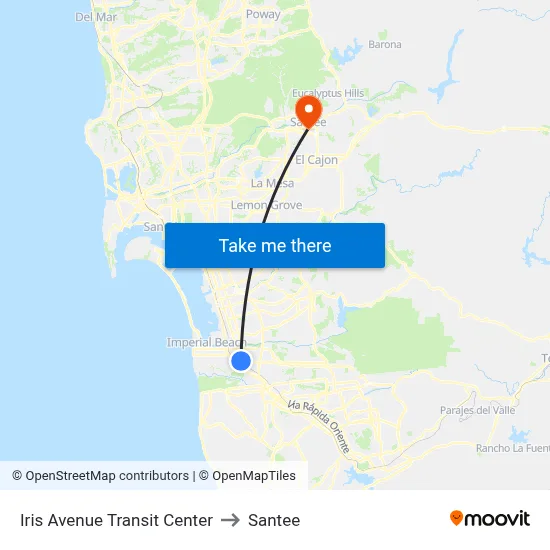 Iris Avenue Transit Center to Santee map