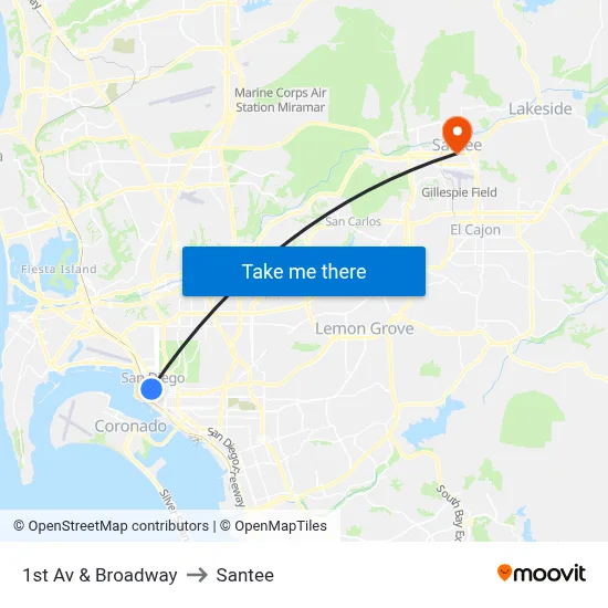1st Av & Broadway to Santee map