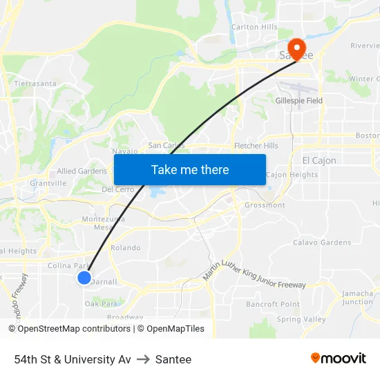 54th St & University Av to Santee map