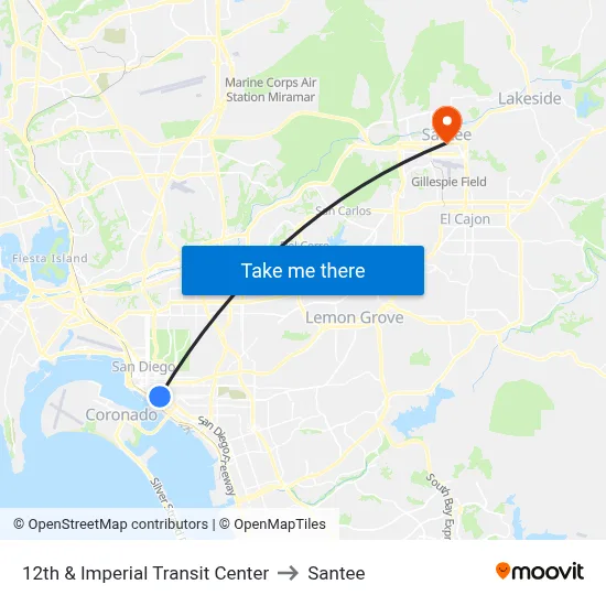 12th & Imperial Transit Center to Santee map