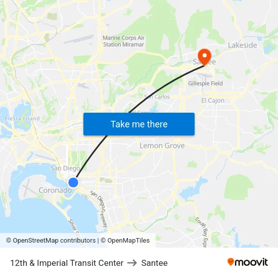 12th & Imperial Transit Center to Santee map