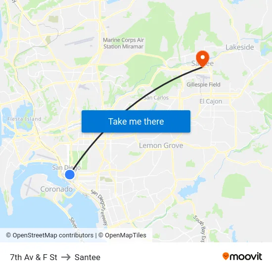 7th Av & F St to Santee map