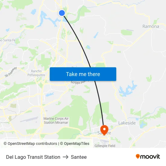Del Lago Transit Station to Santee map