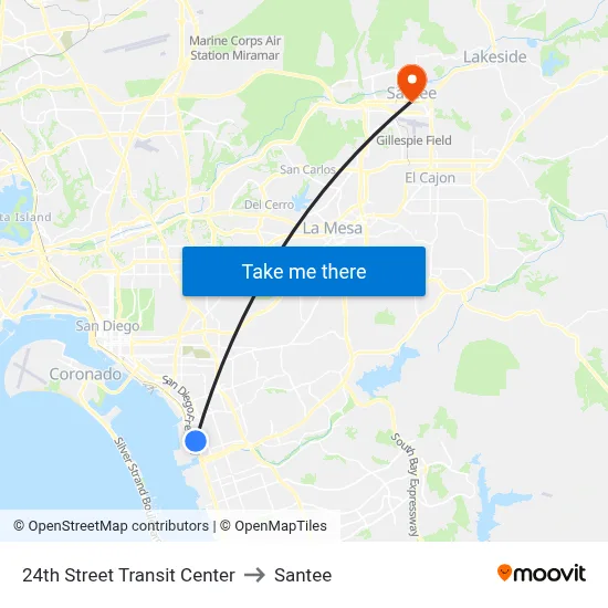 24th Street Transit Center to Santee map