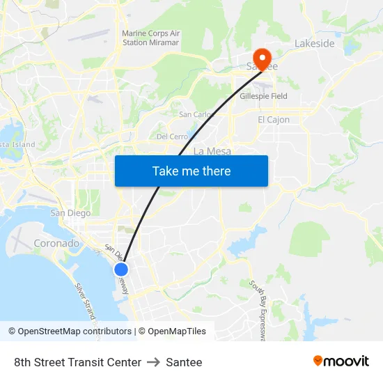 8th Street Transit Center to Santee map